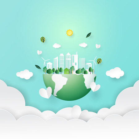 Ecology and environment conservation concept.Paper art of nature concept with save the earth and green eco city background.Vector illustration.のイラスト素材