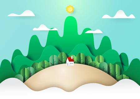 Paper art of nature landscape concept with little cattage,forest and mountains background.Ecology and environment conservation concept.Vector illustration.のイラスト素材