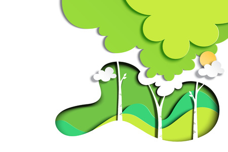 Green nature landscape background template paper art style. Environment and ecology conservation concept. Vector illustration.のイラスト素材