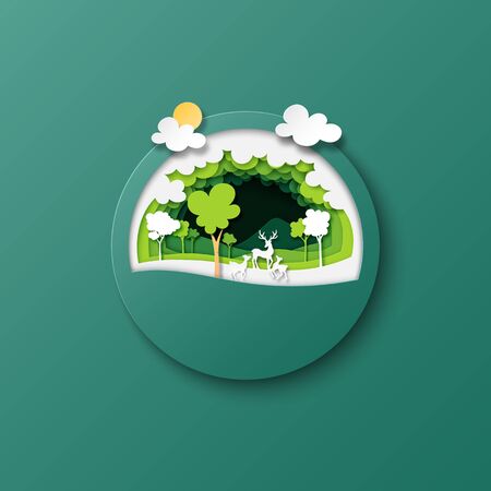 Green forest nature landscape and dees family paper art style.Ecology and environment conservation concept vector illustrationのイラスト素材