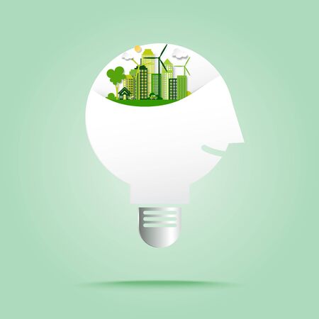 Human thinking on green eco city with save energy and recycle concept in light bulb paper art style.Ecology and environment conservation concept vector illustrationのイラスト素材