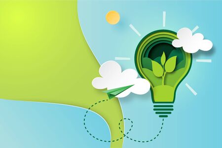 Paper art of green ecology and save energy for environment conservation concept landing page website template background. Vector illustration.のイラスト素材