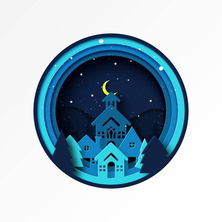 Paper cut of urban countryside winter season landscape and christmas concept background.のイラスト素材