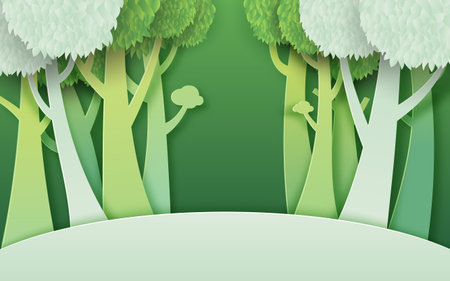 Eco green nature forest background template.Ecology and environment sustainable conservation creative idea concept paper art style.Vector illustration.のイラスト素材