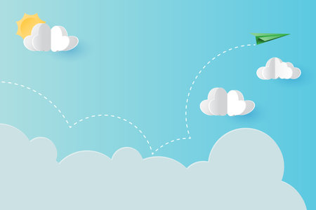 Paper plane flying on blue sky landing page template background.Paper art of business concept vector illustration.のイラスト素材