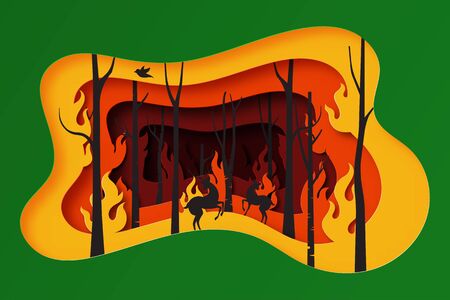 Stop forest fire poster for environment and ecology concept template background.Paper art of trees and wildlife burning in fire vector illustration.のイラスト素材