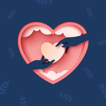 Love with hands and heart.Paper cut of greeting card template background.Vector illustration.のイラスト素材