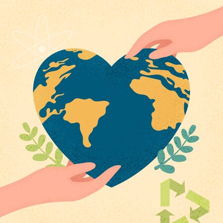 Hands human holding earth planet with heart shape.Earth day and World environment day concept of ecology sustainable.Vector illustration. のイラスト素材