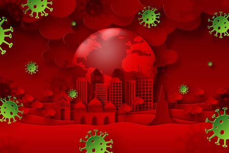 Coronavirus outbreak and spread around the world.Pandemic medical health risk.Paper cut background.のイラスト素材