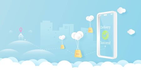 Smart phone with online shopping and delivery service concept landing page template background.Vector illustration.のイラスト素材