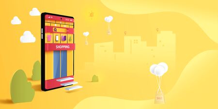 Smart phone and mobile application with online shopping and delivery service concept landing page template background.Vector illustration.のイラスト素材