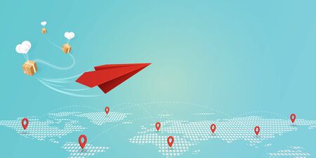 Fast delivery service concept with red paper plane and GPS navigation pin application on the location map landing page background.Vector illustration.のイラスト素材