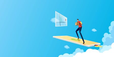 Fast delivery services and Delivery man seeing the location map with smartphone or mobile application on blue sky background.Vector illustration.のイラスト素材