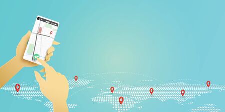 Online shopping and delivery service concept.Hand of delivery man holding smartphone for seeing customer location map on mobile application.Vector illustration.のイラスト素材