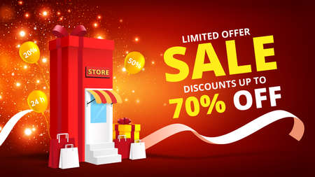 Online shopping concept with gift box store online.Digital marketing and sale banner background.Vector illustration.のイラスト素材