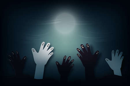Halloween background in spooky night paper art style.Zombie hand rising from graveyard.Vector illustration.のイラスト素材
