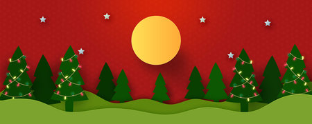 Merry Christmas and Happy New Year.Winter season landscape.Decorated christmas tree with lights and full moon and stars.Paper art vector illustration.のイラスト素材