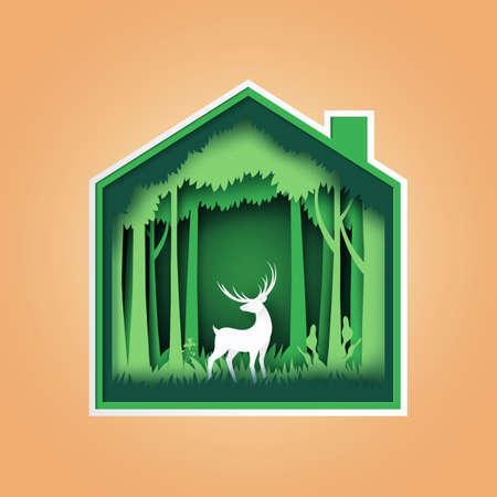Green home with deer wildlife and forest.Ecology and environment conservation concept.Paper art vector illustration.のイラスト素材