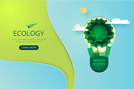 Paper art of green eco city. Ecology and save energy for environment conservation concept landing page website template background.Vector illustration.のイラスト素材