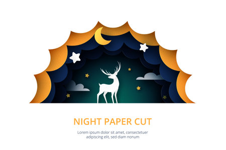 Deer in night sky paper cut style.Dark blue cloudy landscape with stars and crescent moon.Vector illustration.のイラスト素材