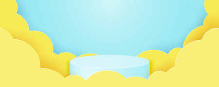 Cylinder podium in sky blue background.Abstract minimal scene with geometric shape of yellow...