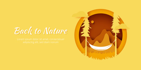 Back to Nature.Summer camp.Hammock camping on forest landscape and mountains background.Adventures in nature and vacation.Paper art vector illustration.のイラスト素材