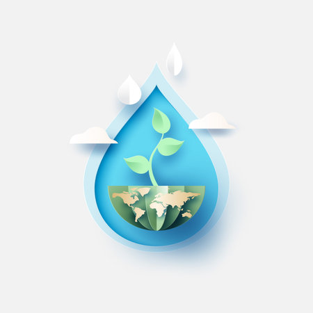 Water drop with growing plant.Paper art of save water for ecology and environment...