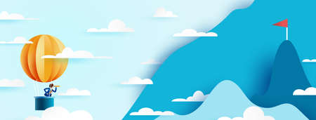 Businessman with telescope in hot air balloon searching for red flag on the peak of mountain.Successful and business concept.Paper art vector illustration.のイラスト素材