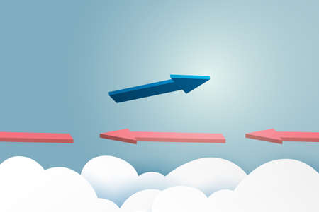 Business concept.Blue arrow leader flying on blue sky of business teamwork and one different vision from red arrows.Paper art vector illustration.のイラスト素材