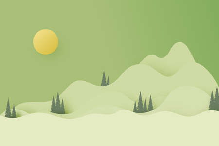 Green nature forest and mountains landscape scenery banner background paper art style.Vector illustrationのイラスト素材
