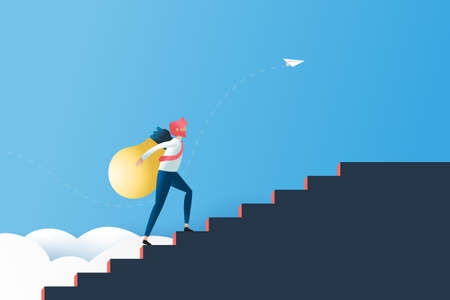 Business Idea, Solution and success concept.Business man carrying light bulb on stairs.Paper art vector illustration.のイラスト素材
