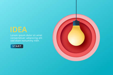 Creative idea, Innovation, Brainstorming concept with big light bolb and red circle paper cut layers on blue background.Website Landing page.Vector illustration.のイラスト素材