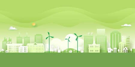 Ecology concept with green eco city background.Environment conservation resource sustainable.Vector illustration.のイラスト素材