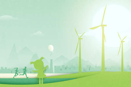 Family enjoy outdoor activities on green park.Green eco city on nature landscape background.Environment and Ecology concept.Vector illustration.のイラスト素材