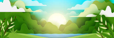 Green abstract nature landscape scenery banner background.Mountain green hills.Horizontal vector illustration.のイラスト素材