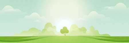 Landscape view of green meadows and mountains in sunny day.Flat panorama of spring summer beautiful nature forest scenic on horizon background.Vector illustration.のイラスト素材