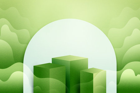 3d Paper cut abstract minimal geometric shape template background.Green podium on green nature landscape scene with mountains and clouds.Vector illustration.のイラスト素材