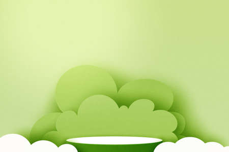 3d Paper cut abstract minimal geometric shape template background.Green cylinder podium on green nature landscape scene.Vector illustration.のイラスト素材