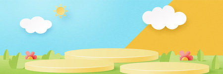 3d Paper cut abstract minimal geometric shape template background.Yellow cylinder podium on Summer season natural landscape scene.Vector illustration.のイラスト素材