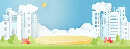 3d Paper cut abstract template background.3d cylinder podium on green nature landscape with cityscape, clouds and sun.Vector illustration.のイラスト素材