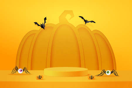 3d Paper art abstract minimal geometric shape template background.Halloween background design with yellow podium product display.Vector illustration.のイラスト素材