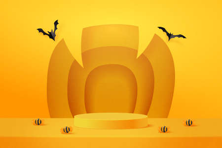 Halloween background design with yellow podium product display. 3d Paper art abstract minimal geometric shape template background.Vector illustration.のイラスト素材