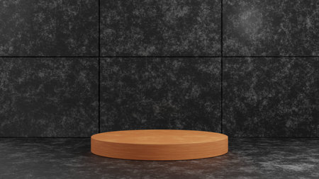 3D rendering cylinder wooden pedestal podium on dark cement texture wall background for presentation template.Geometry exhibition stage mockup concept illustration.の写真素材