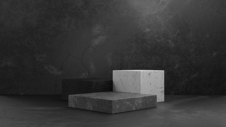 Cube concrete pedestal podium on dark grey concrete studio room background for presentation template.Geometry exhibition stage mock up.3D rendering illustration.の写真素材