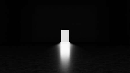 Abstract dark concrete room with open door and light going through it.3d render illustration.の写真素材