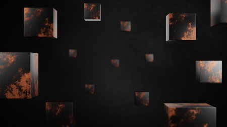 Flying geometric metal cube in empty space. Dark futuristic abstract background with bokeh effect.3D rendering illustration.の写真素材