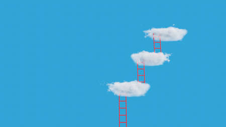 Red ladder step to fluffy cloud on blue sky.The way to success concept.3d rendering illustration.の写真素材