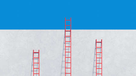 Red step ladder on concrete wall and blue sky background.Business and creative ideas concept.3D Rendering illustration.の写真素材