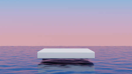 White cube podium floating above the ocean.Abstract minimal surreal background.3d rendering illustration.の写真素材