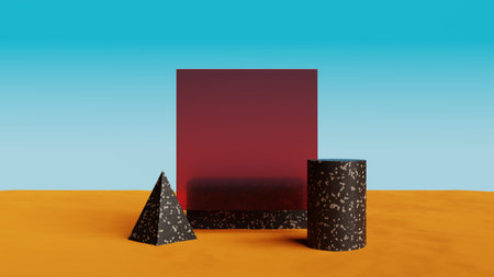 3d geometric podium with glass frame on sand dune.Abstract surreal desert landscape scene...